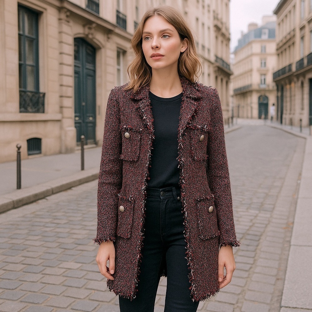 Zara Basic Tweed Longline Coat Jacket XS Black Red Fringe Bouclé